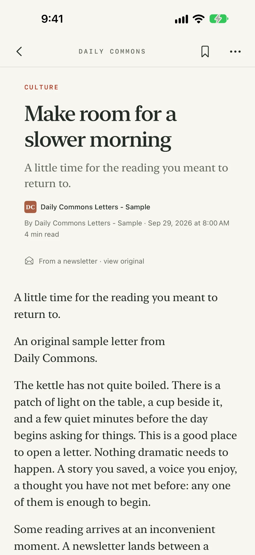 A newsletter shown in the Daily Commons reader on iPhone