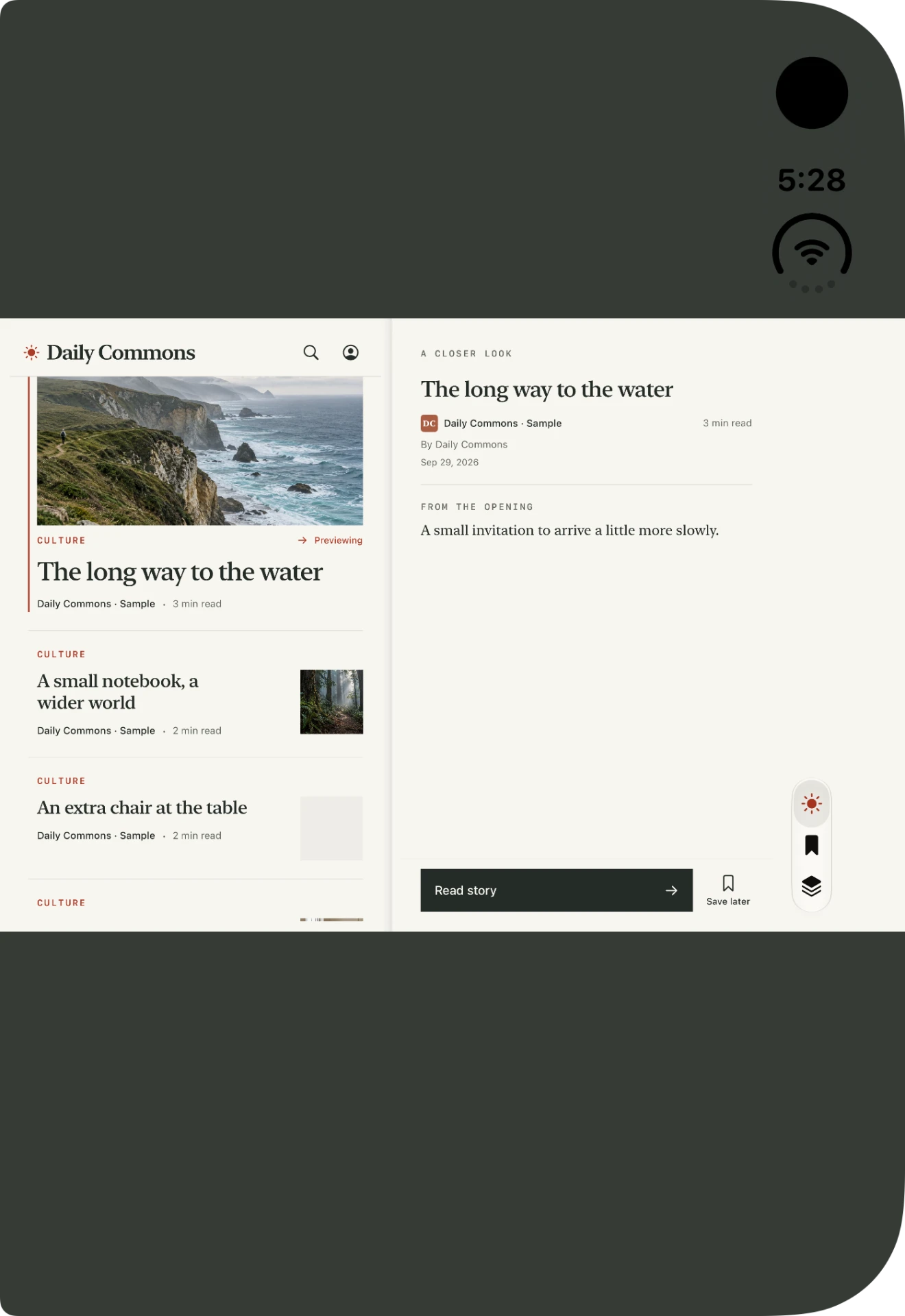 Daily Commons on a simulated iPhone Duo posture: today’s stories beside a preview of The long way to the water