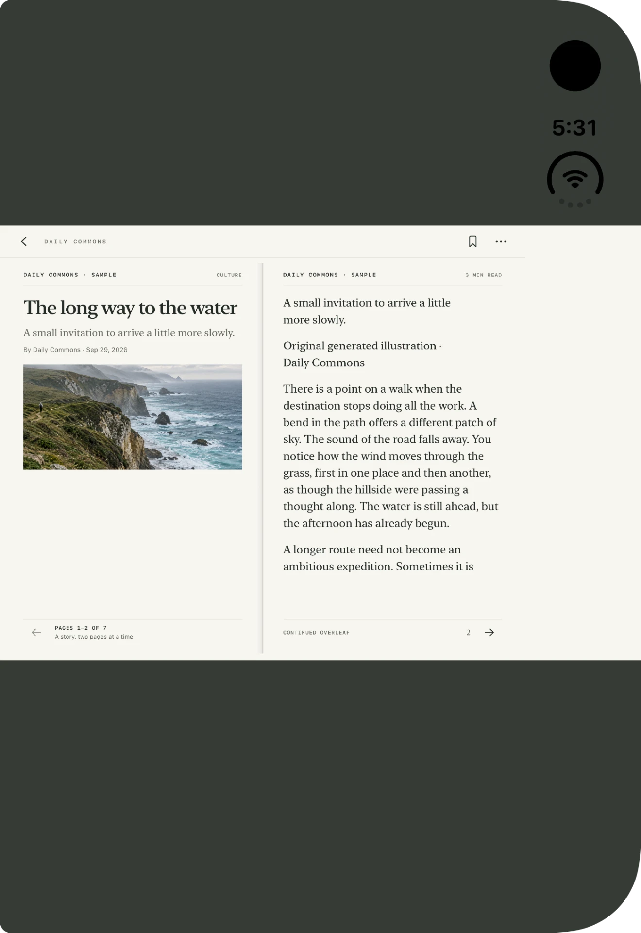 Daily Commons book layout on a simulated iPhone Duo: facing story preview and reading page with page-turn controls