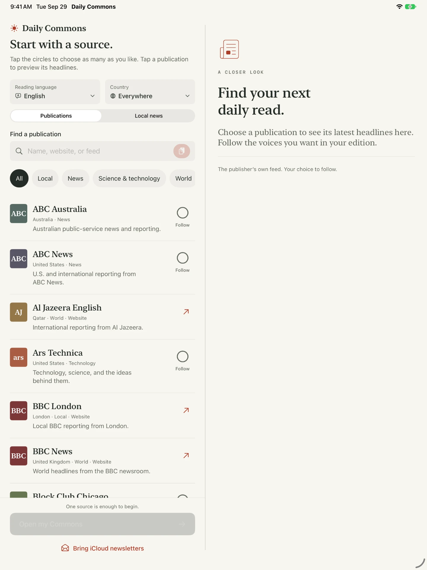 Daily Commons Sources screen on iPad, for exploring and following publications